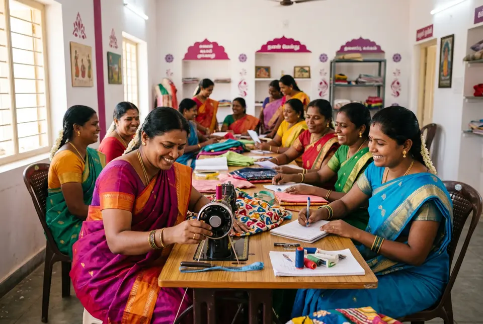 Women learning tailoring and taking notes together in a training hall